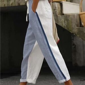 ‼️WOW‼️Susana bettencourt white sheer pants with navy stripe on the side‼️